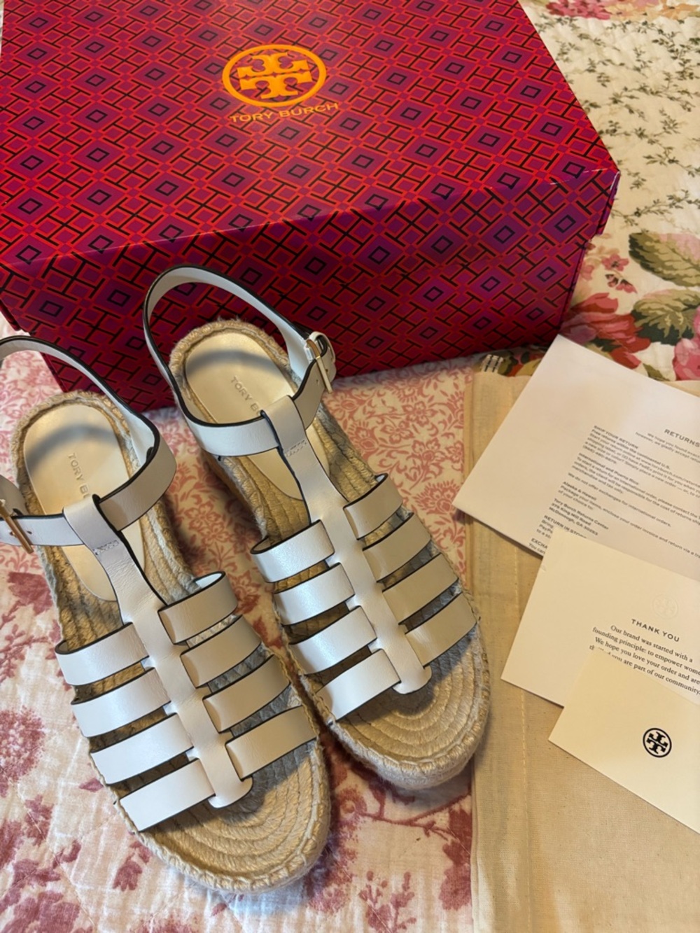 Tory Burch Ivory Vachetta Leather Strappy Espadrille Wedges Sandals